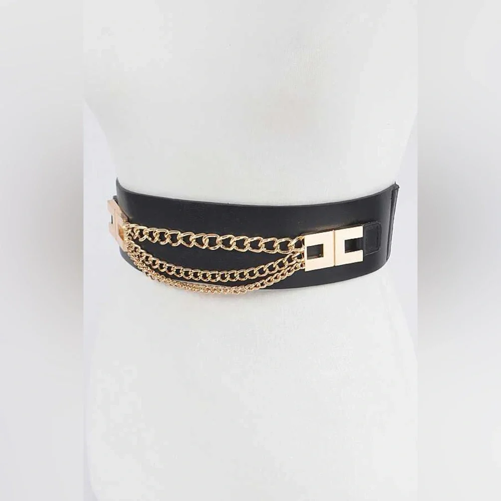 Black Waist Belt with Gold Chain Accent (3 Colors)